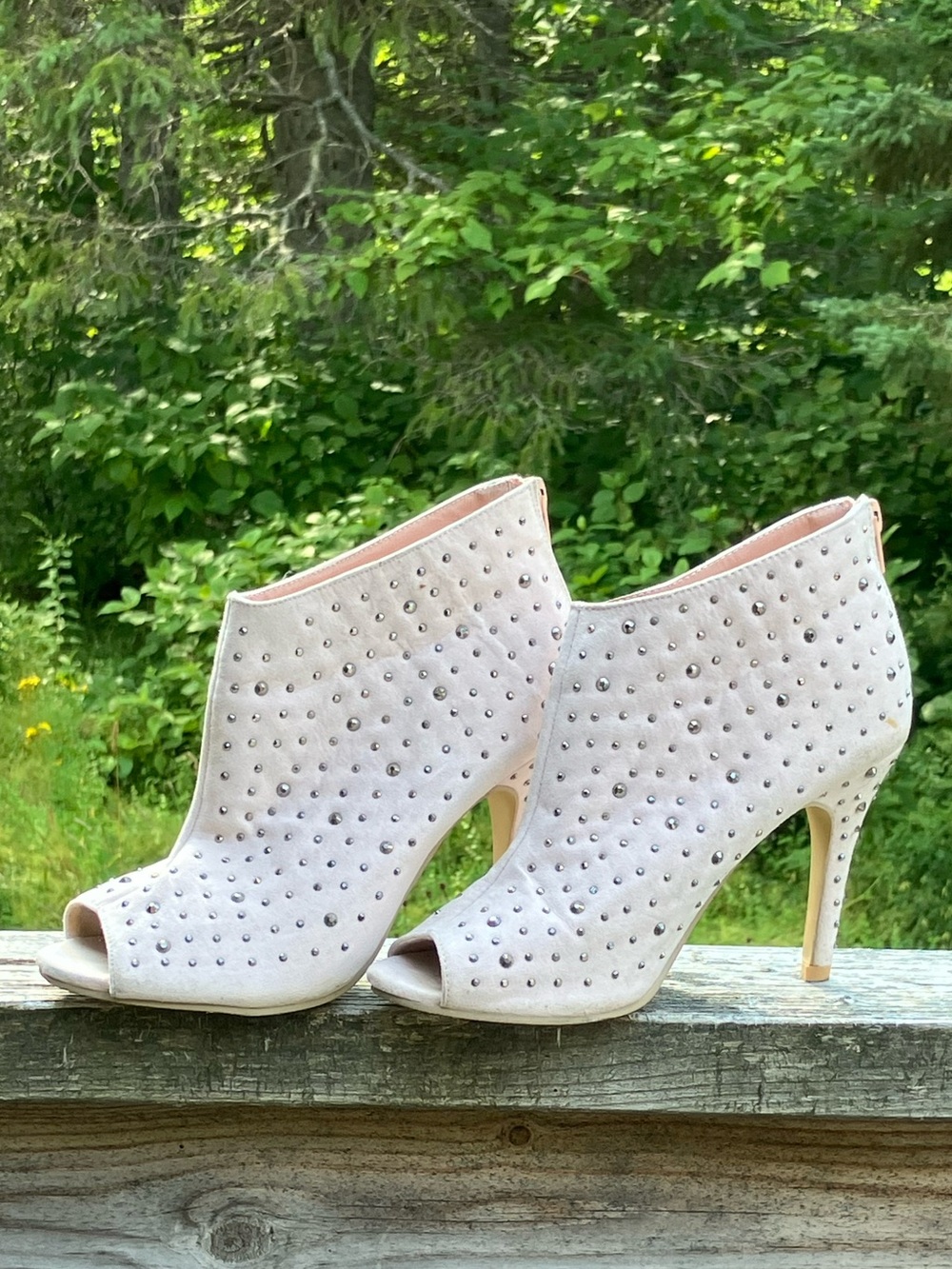 Embellished Peep-Toe Ankle Booties in Light Pink